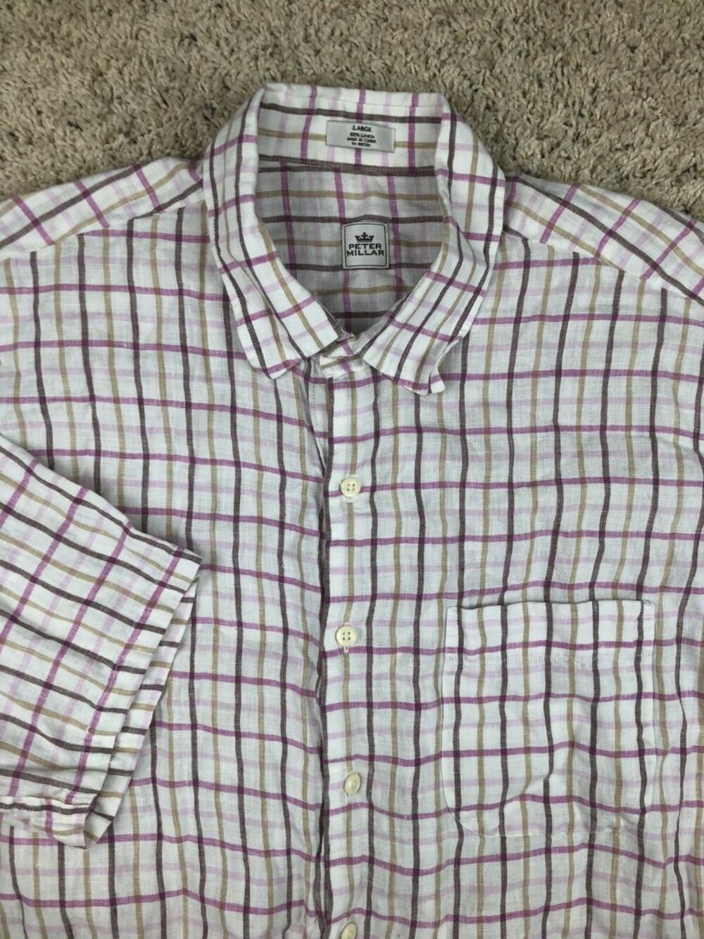 Peter Millar Men Size Large Plaid Button Up Shirt Short Sleeve 100% LINEN